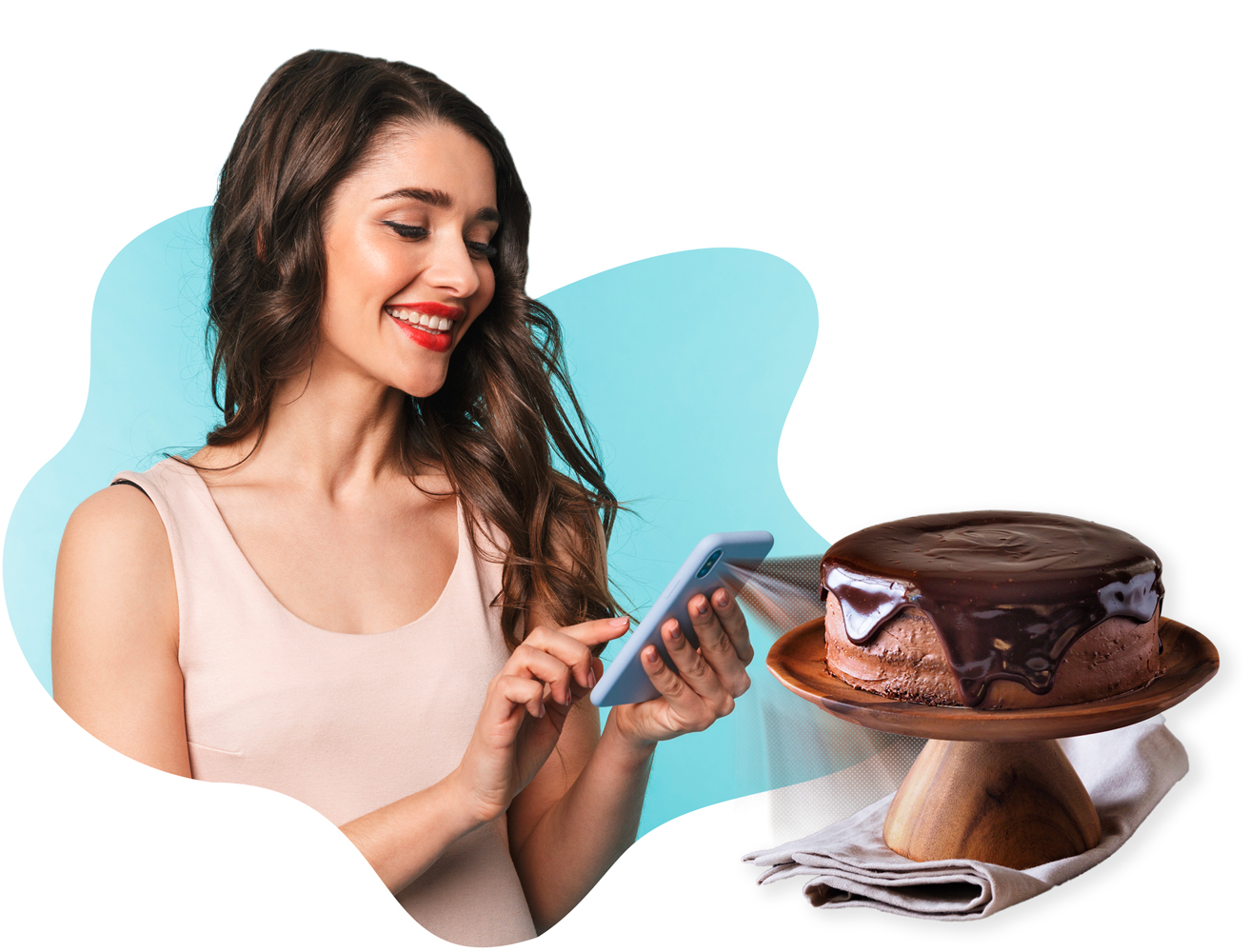 Woman-viewing-chocolate-cake-in-augmented-reality